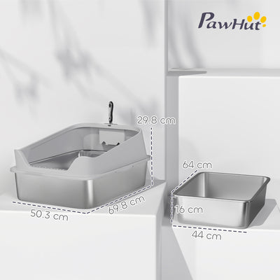 PawHut XXL Stainless Steel Cat Litter Box with High Sides, Metal Scoop, 70 x 50 x 30 cm 