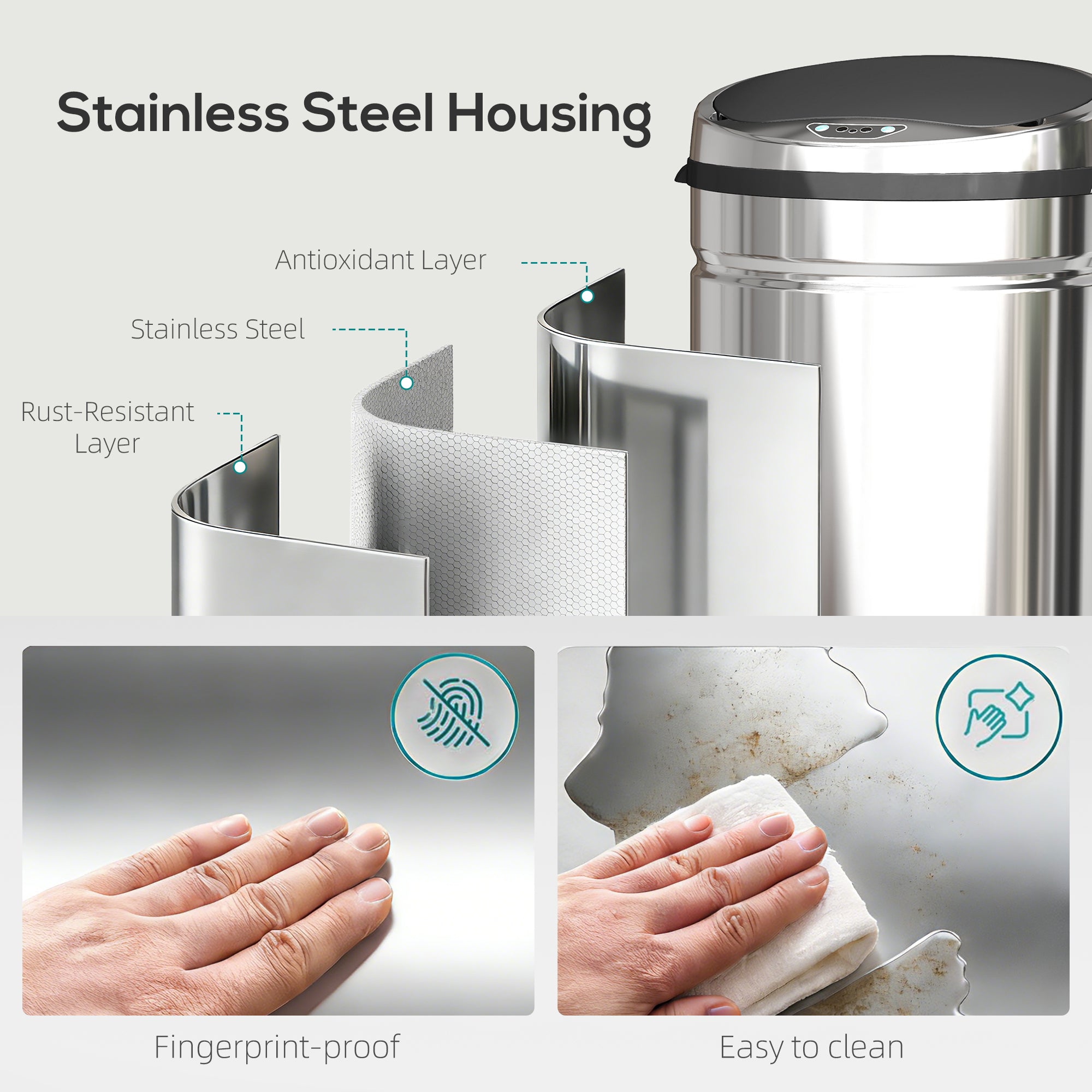 HOMCOM 42L Stainless Steel Sensor Bin - Silver Tone 