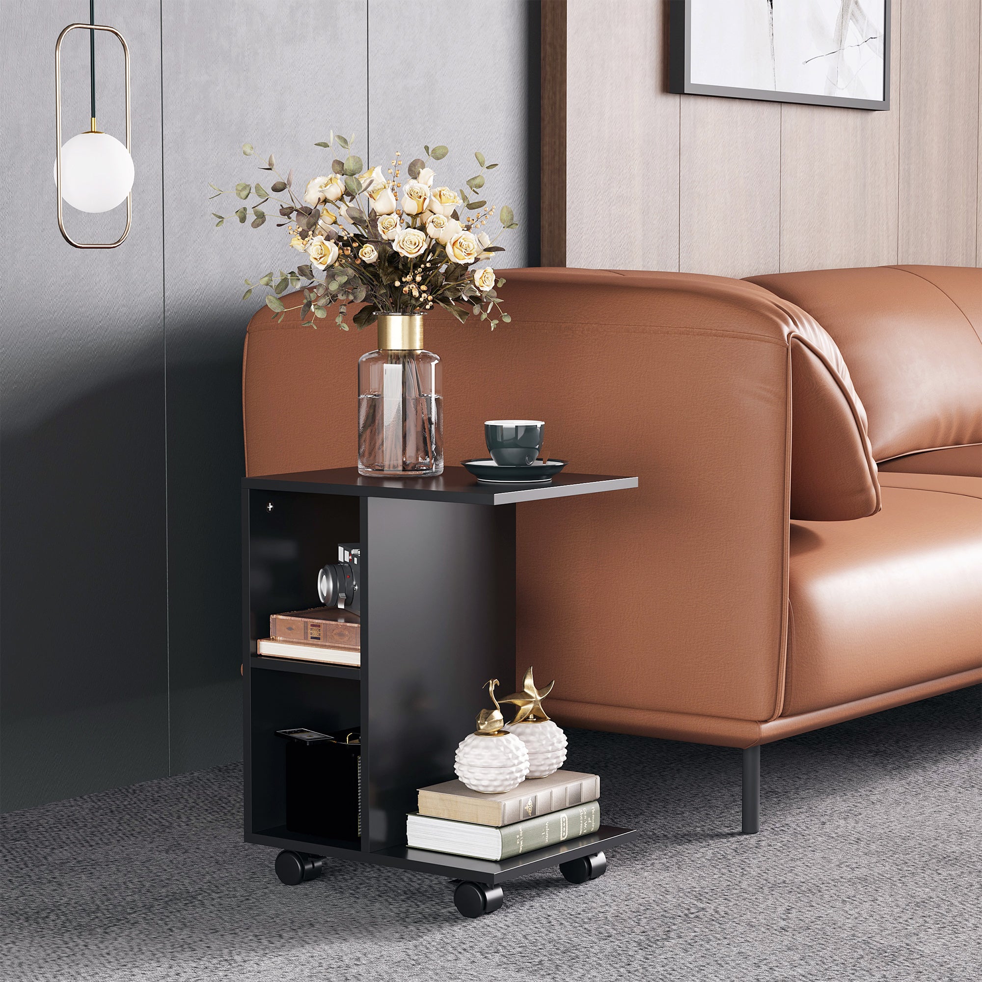 HOMCOM C-Shape End Table Unique Storage Unit w/ 2 Shelves 4 Wheels Freestanding Home Furniture Cabinet Square Black 