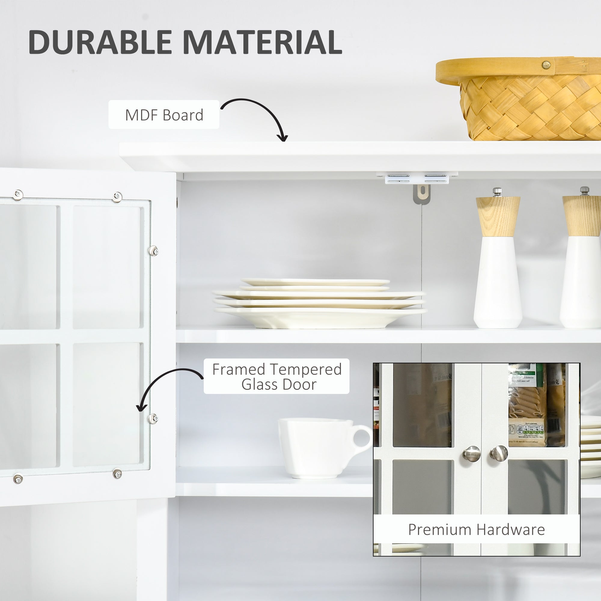 HOMCOM Kitchen Cupboard, Wooden Storage Cabinet with Framed Glass Door, Drawer, Microwave Space for Dining and Living Room, White 