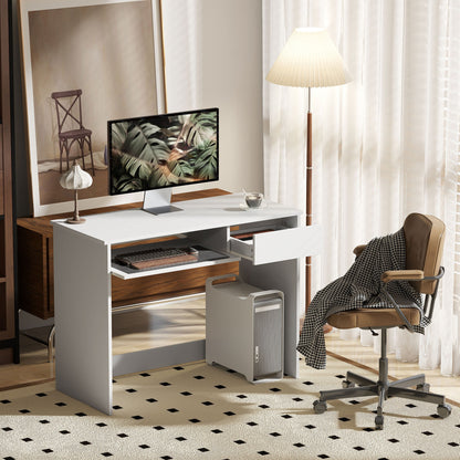 HOMCOM Compact Computer Desk with Keyboard Tray, Home Office Desk with Drawer for Bedroom Study, White 