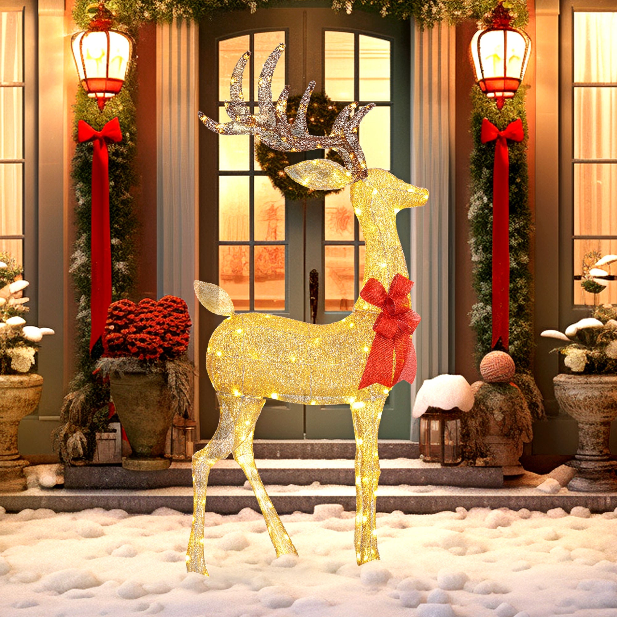 Outsunny Lighted Reindeer Christmas Decoration, Light Up Christmas Deer with 137 LED Lights for Indoor, Outdoor, Garden, Lawn, Gold Tone 