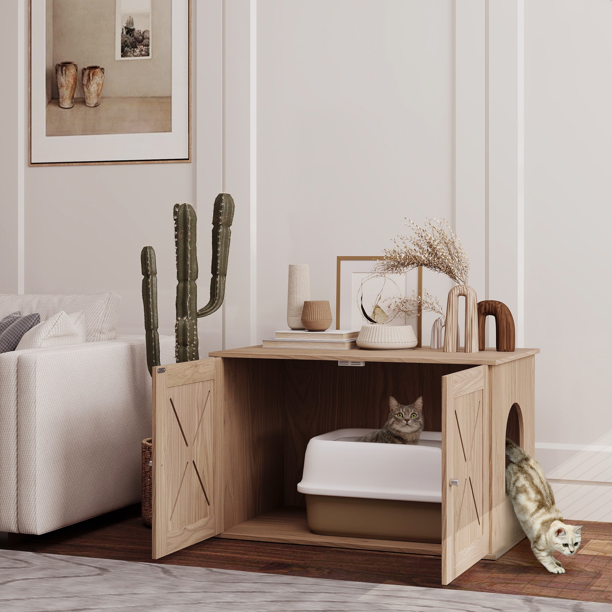 PawHut Cat Litter Box Enclosure with Double Doors and Side Entrance, Non-Slip Pads for Living Room, Walnut Brown 