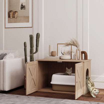 PawHut Cat Litter Box Enclosure with Double Doors and Side Entrance, Non-Slip Pads for Living Room, Walnut Brown 