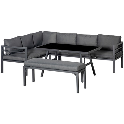 Outsunny\'c2\'a04\'c2\'a0Piece\'c2\'a0L-shaped Garden Furniture Set 8-Seater Aluminium Outdoor Dining Set Conversation Sofa Set w/ Bench, Dining Table & Cushions,\'c2\'a0Grey 