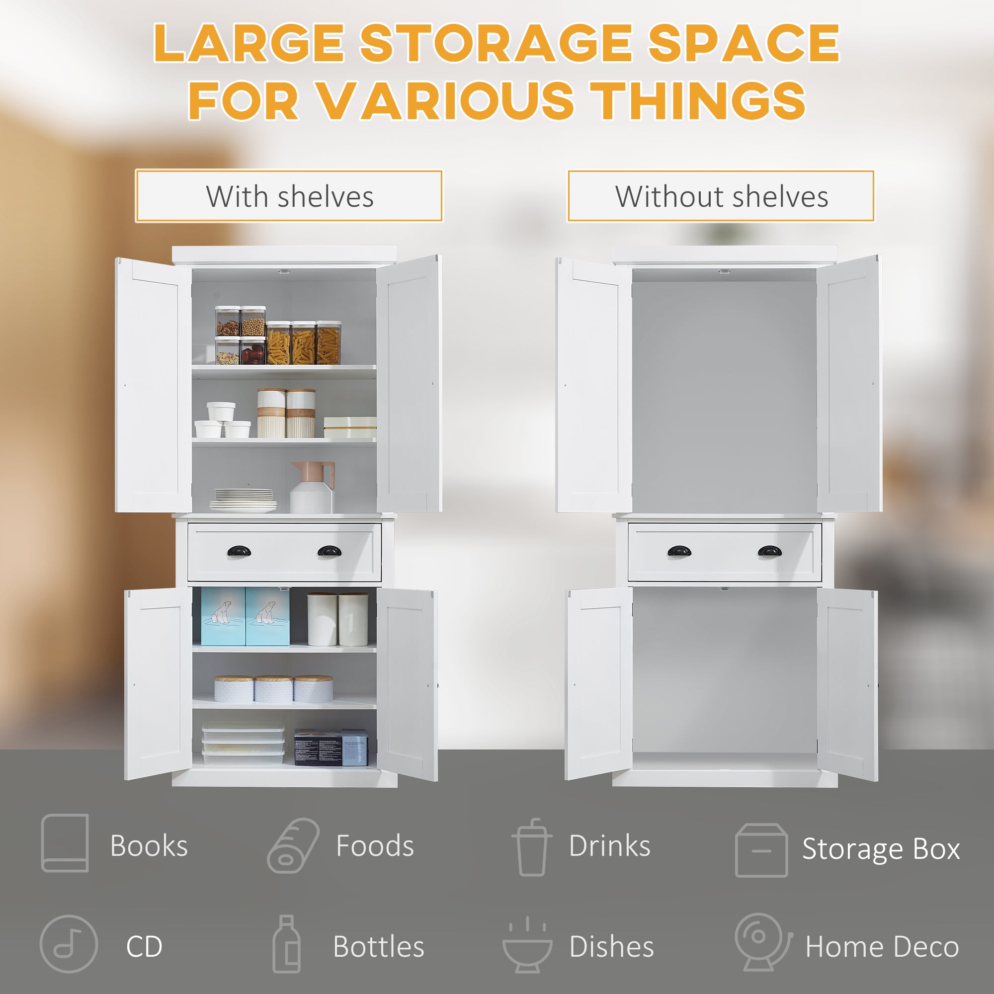 HOMCOM Freestanding Kitchen Cupboard, 184cm Tall Storage Cabinet with Doors and Shelves, Traditional Colonial 4-Door Kitchen Pantry Cupboard with Drawer, White 