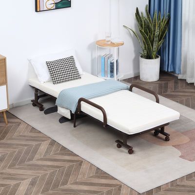 HOMCOM Folding Bed with Mattress, Single Guest Bed, Portable Fold Bed with Adjustable Backrest, Metal Frame on Wheels, White, 190 x 76 cm 
