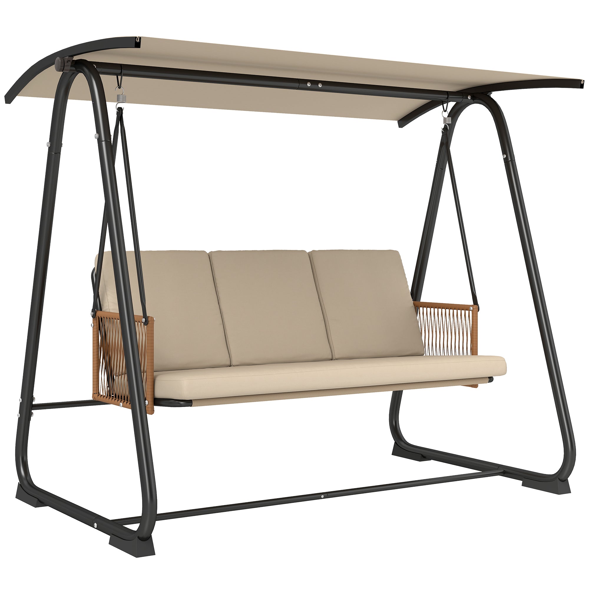 Outsunny 3 Seater Swing Chair with Adjustable Canopy, 360 kg Garden Swing Seat Outdoor Hammock Bench with Cushions, Sand Brown 