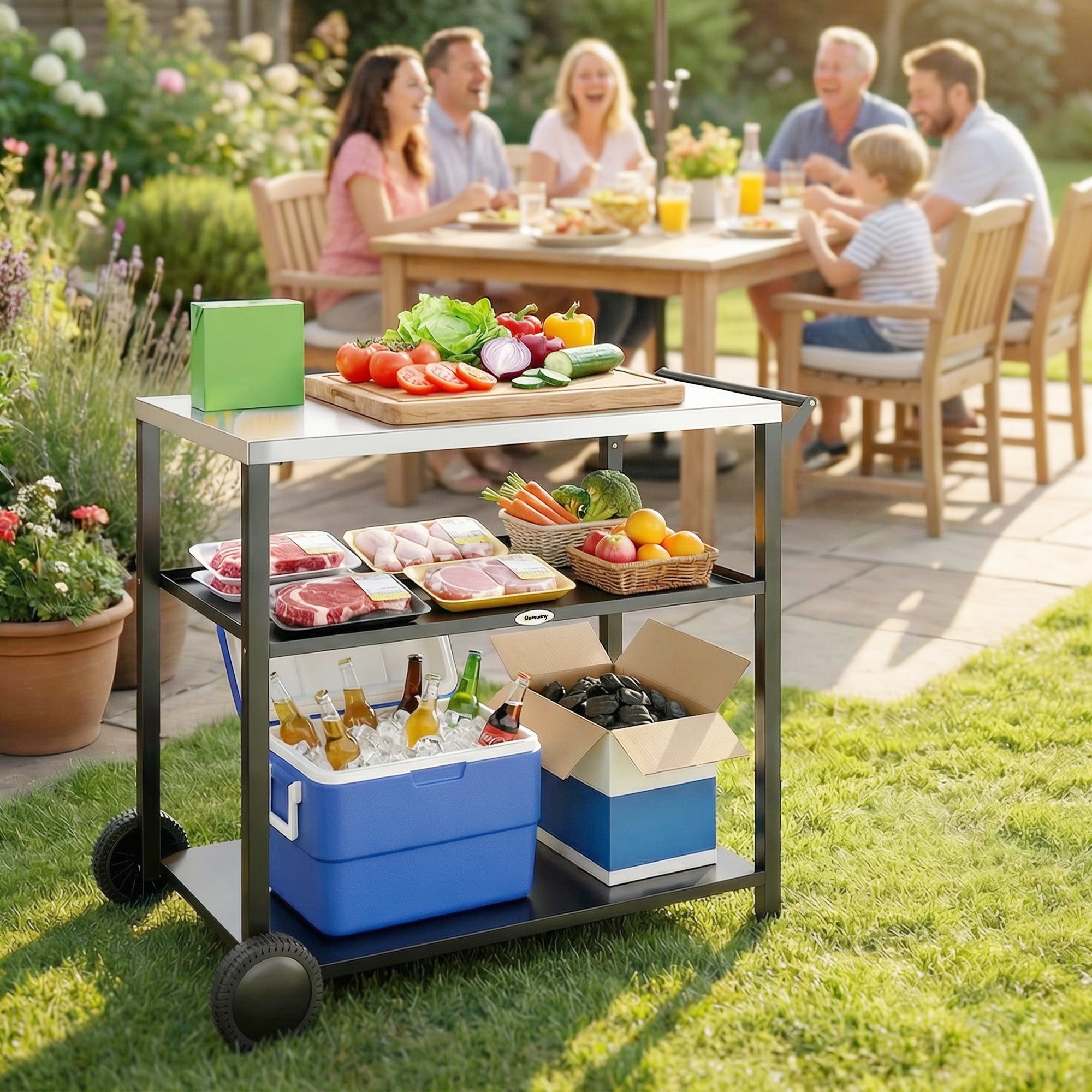 Outsunny Outdoor Grill Cart with Stainless Steel Tabletop for Kitchen Prep, Two-Tier Pizza Oven Stand on Wheels, Black 