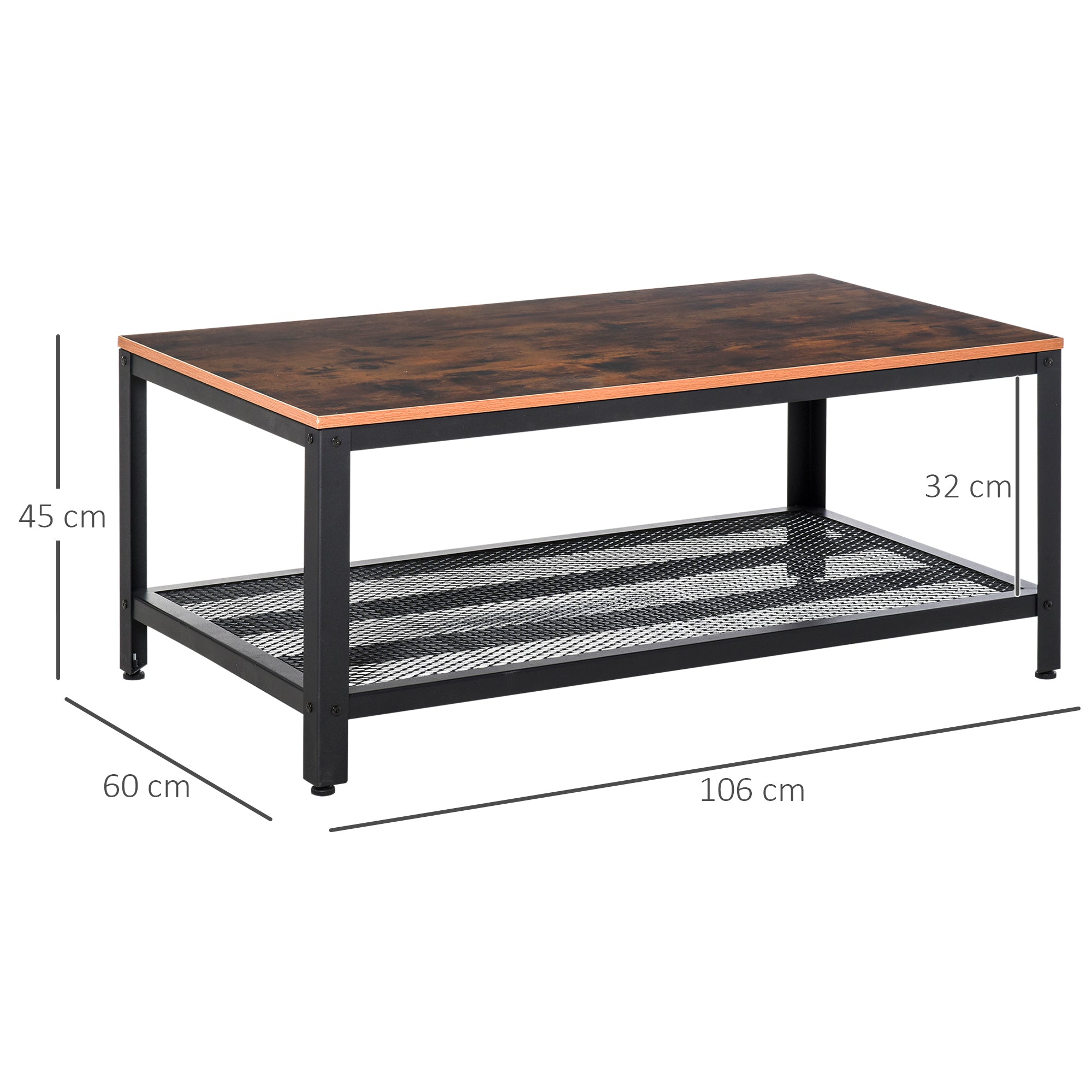 HOMCOM Coffee Table Industrial Side Table Living Room Table with Storage Shelf and Metal Frame for Home Office, 106L x 60W x 45Hcm 