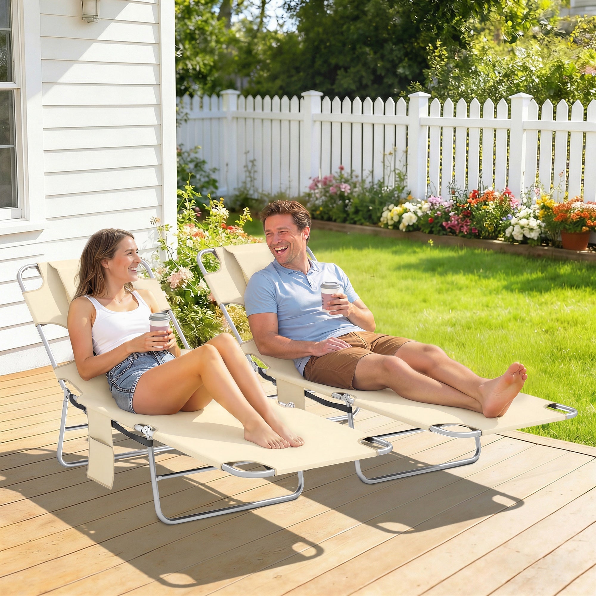 Outsunny 5-Position Adjustable Sun Loungers Set of 2 with Reading Hole and Side Pocket, Beige 