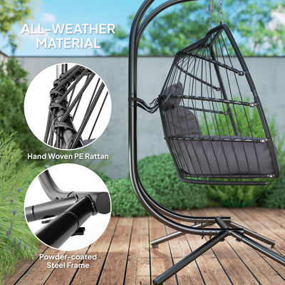 Outsunny Rattan Double Hanging Egg Chair with Stand, Foldable Wicker Swing Egg Chair with Cushion, Head Pillows, Steel Frame, Hammock Chair for Indoor Outdoor, Capacity 260 kg, Dark Grey 