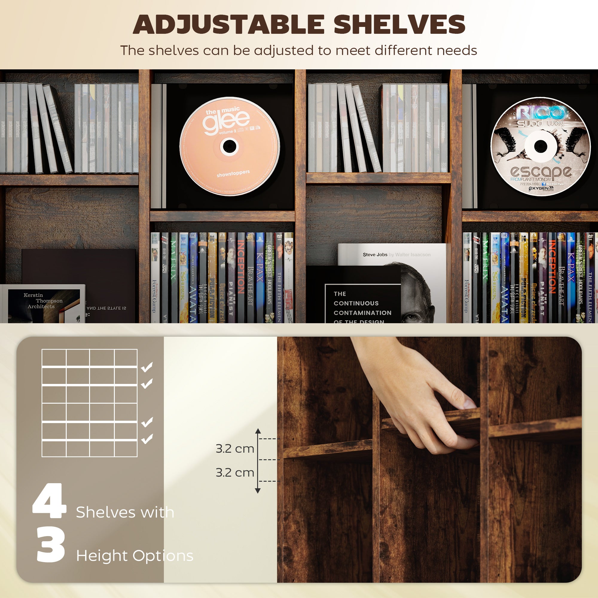 HOMCOM CD Storage Unit with Adjustable Shelves, 89 x 130.5 cm, Rustic Brown 