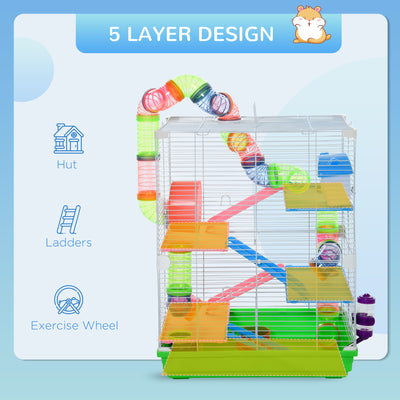 PawHut 5 Tier Hamster Cage Carrier Habitat w/ Exercise Wheels, Tunnel, Green 