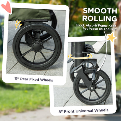 PawHut Easy Folding Pet Stroller for Large Dogs with 4 Big Wheels, Shock Absorb Frame, Safety Leashes, Brakes, Dark Green 