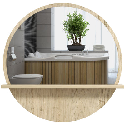 kleankin 45cm Round Home Mirror, with Shelf - Natural Wood Effect 