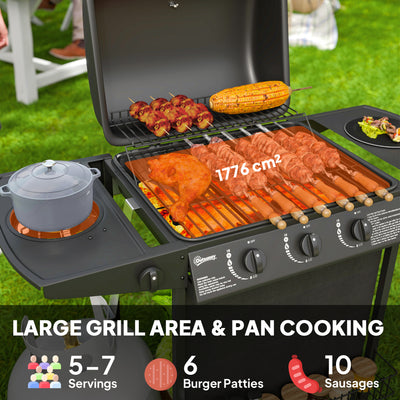 Outsunny 3+1 Burner Gas BBQ Grill, Portable Gas Barbecue Grill with Built-in Thermometer, Lid, Side Table, Shelf, Spice Rack, Wheels, Grease Cup for Garden Party Outdoor Cooking, Black 