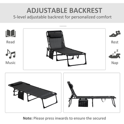 Outsunny Portable Sun Lounger Set of 2, Folding Camping Bed Cot, Reclining Lounge Chair 5-position Adjustable Backrest with Side Pocket, Pillow for Patio Garden Beach Pool, Black 