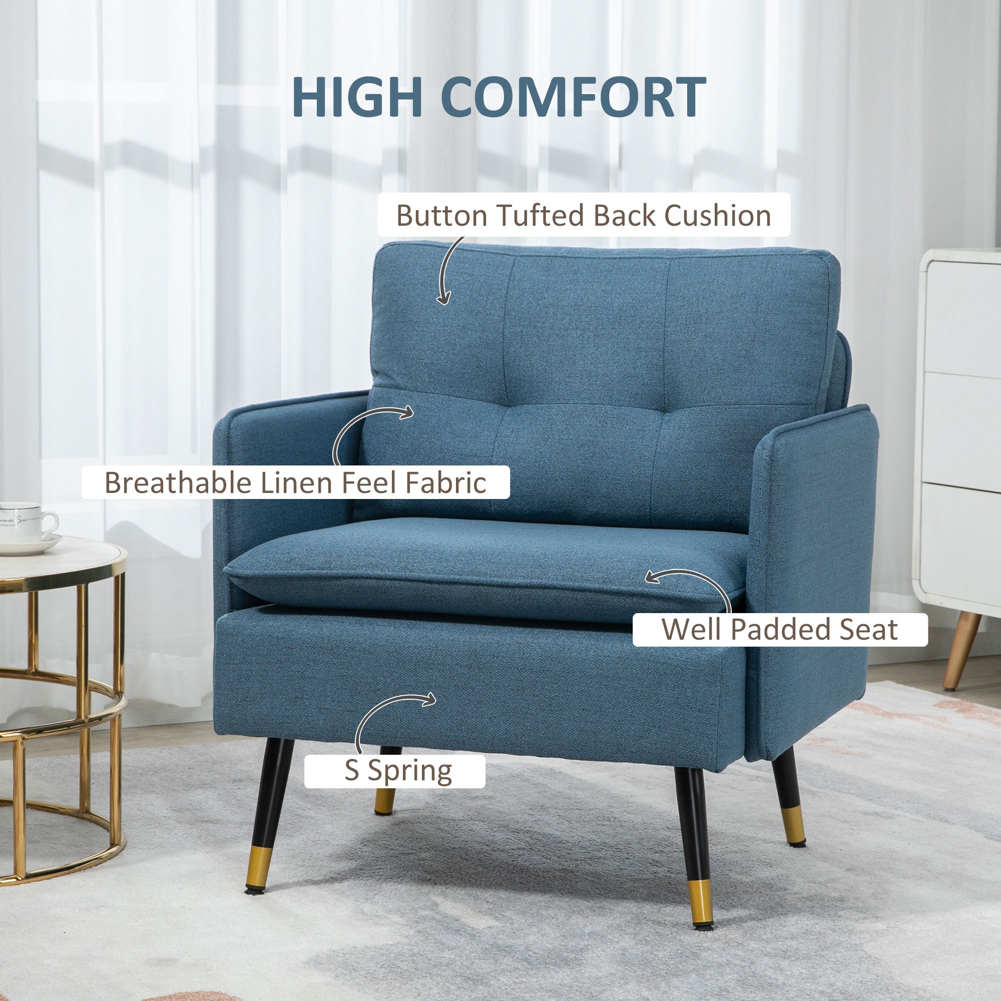 HOMCOM Modern One Seater Sofa, Button Tufted Armchair with Cushions and Steel Legs for Living Room, Guest Room, Dark Blue 