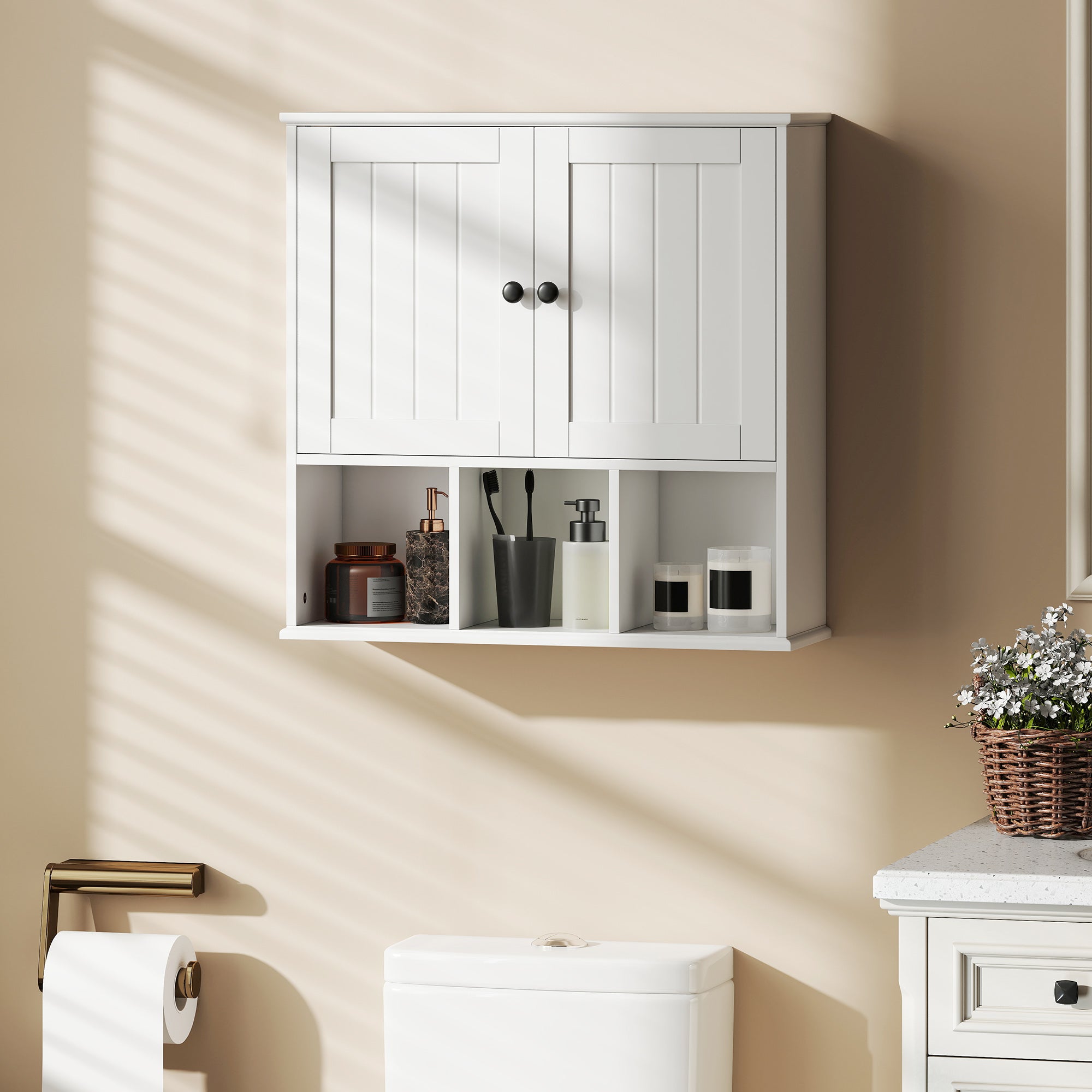 HOMCOM Farmhouse Bathroom Wall Cabinet, Wall Mounted Medicine Cabinet with Adjustable Shelf, Open Compartments, White 