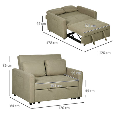 HOMCOM Loveseat Sofa Bed, Convertible Bed Settee with 2 Cushions, Side Pockets for Living Room, Light Brown 