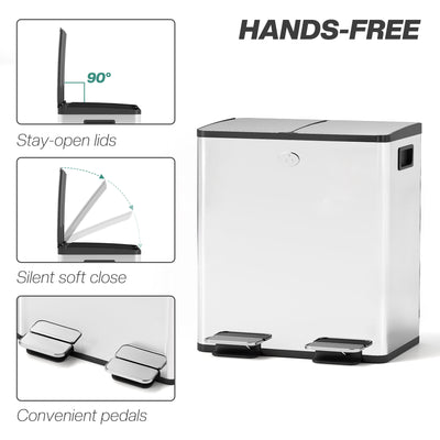 HOMCOM 40L Dual Compartment Stainless Steel Bin, with Deodoriser Holders - Silver Tone 