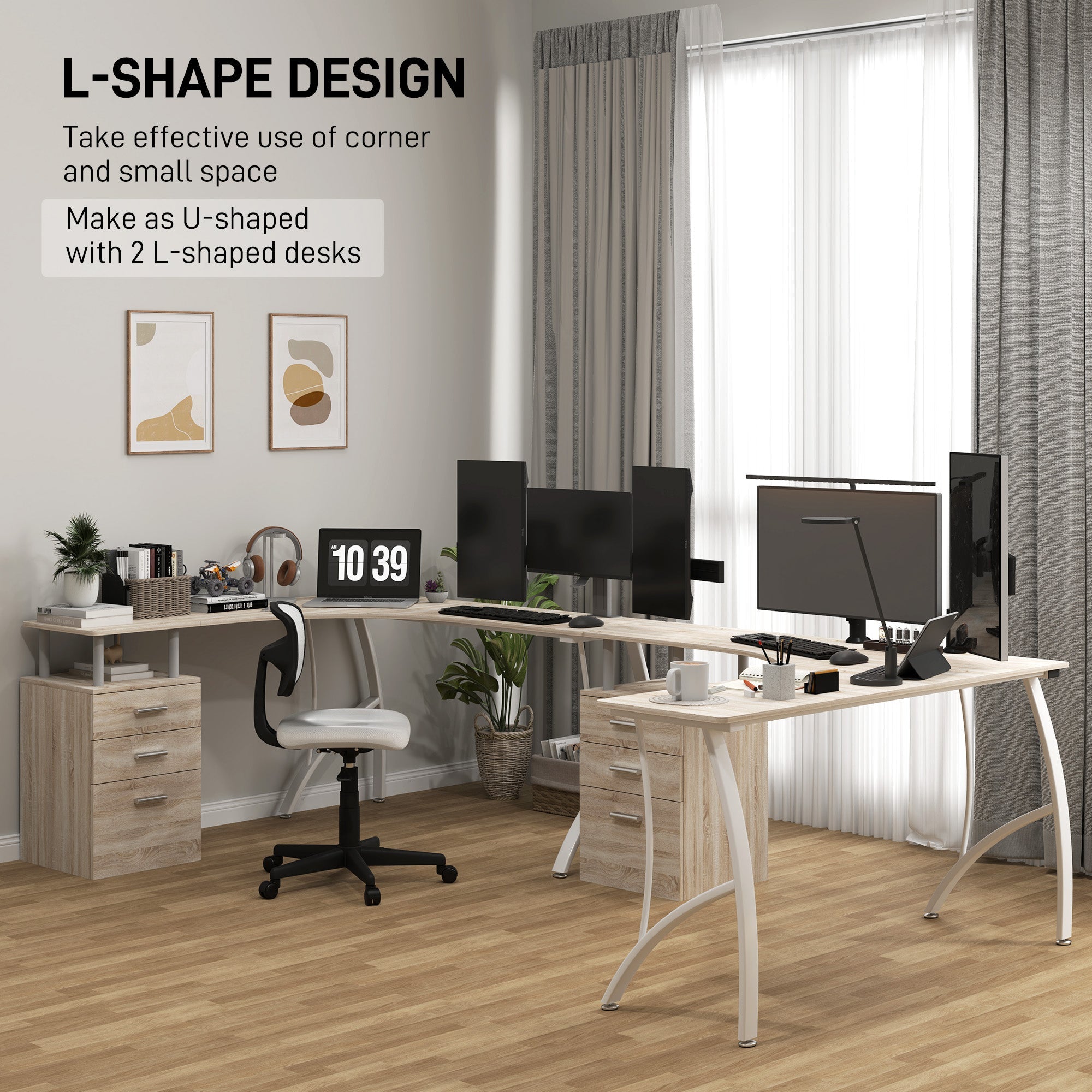 HOMCOM L-Shaped Computer Desk Table with Storage Drawer, Home Office Desk Corner Industrial Style Workstation for A4 Files 143.5 x 143.5 x 76cm, Oak 