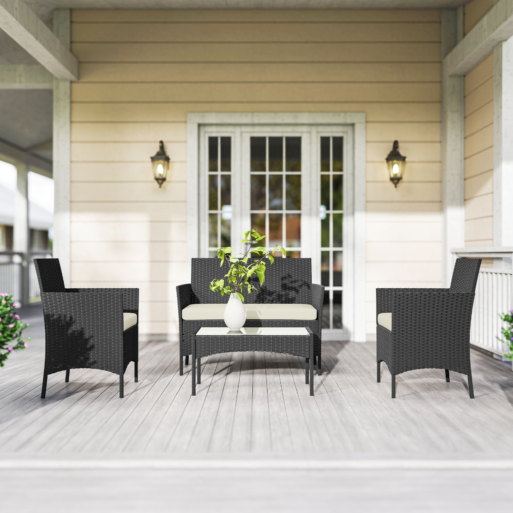 Outsunny 4 Piece Rattan Garden Furniture Sofa Set with Loveseat, Armchairs, Glass-Top Coffee Table and Cushions, Cream White 