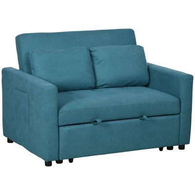 HOMCOM Loveseat Sofa Bed, Convertible Bed Settee with 2 Cushions, Side Pockets for Living Room, Blue 