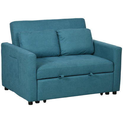 HOMCOM Loveseat Sofa Bed, Convertible Bed Settee with 2 Cushions, Side Pockets for Living Room, Blue