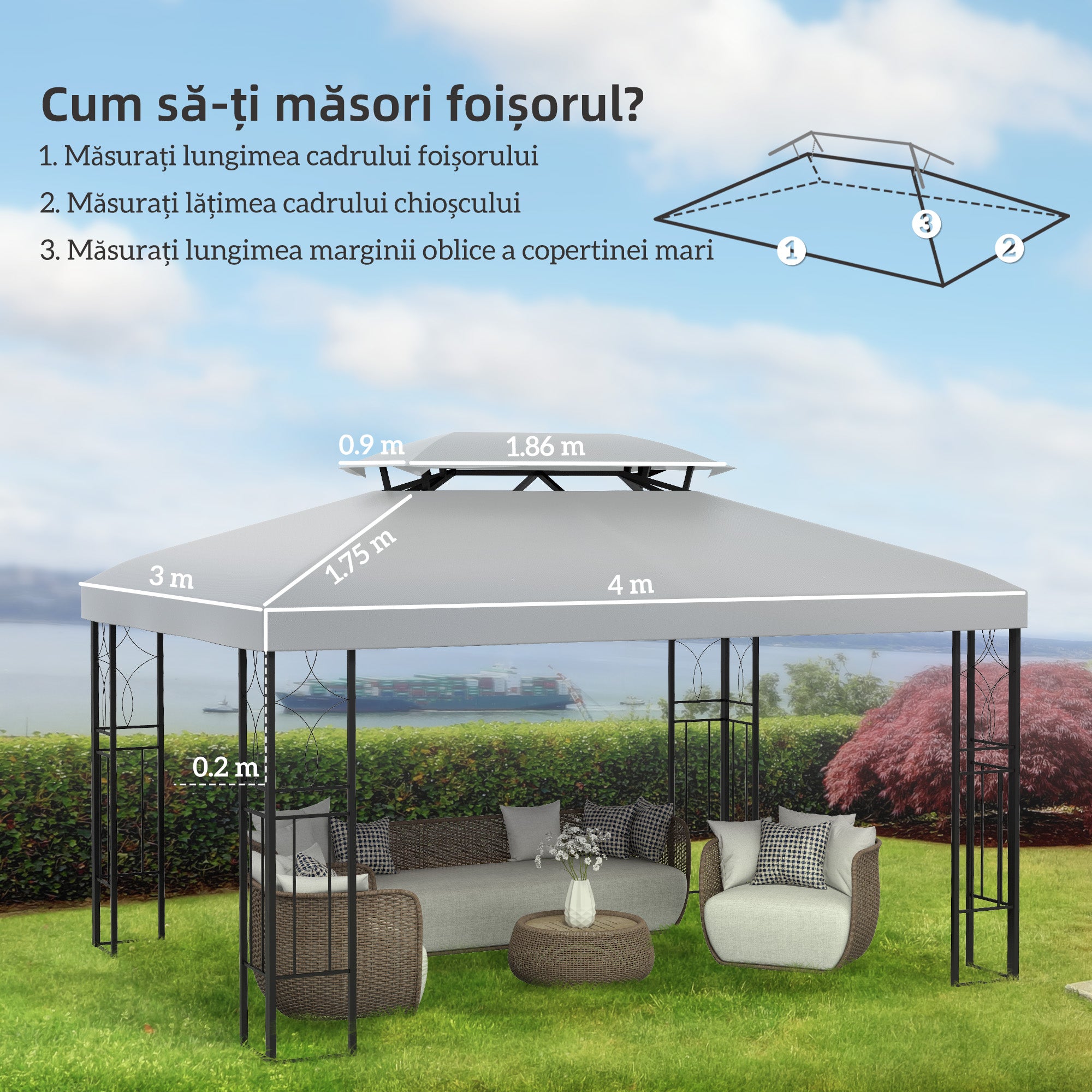 Outsunny Gazebo Roof Replacement, for 3 x 4m Frames - Light Grey 
