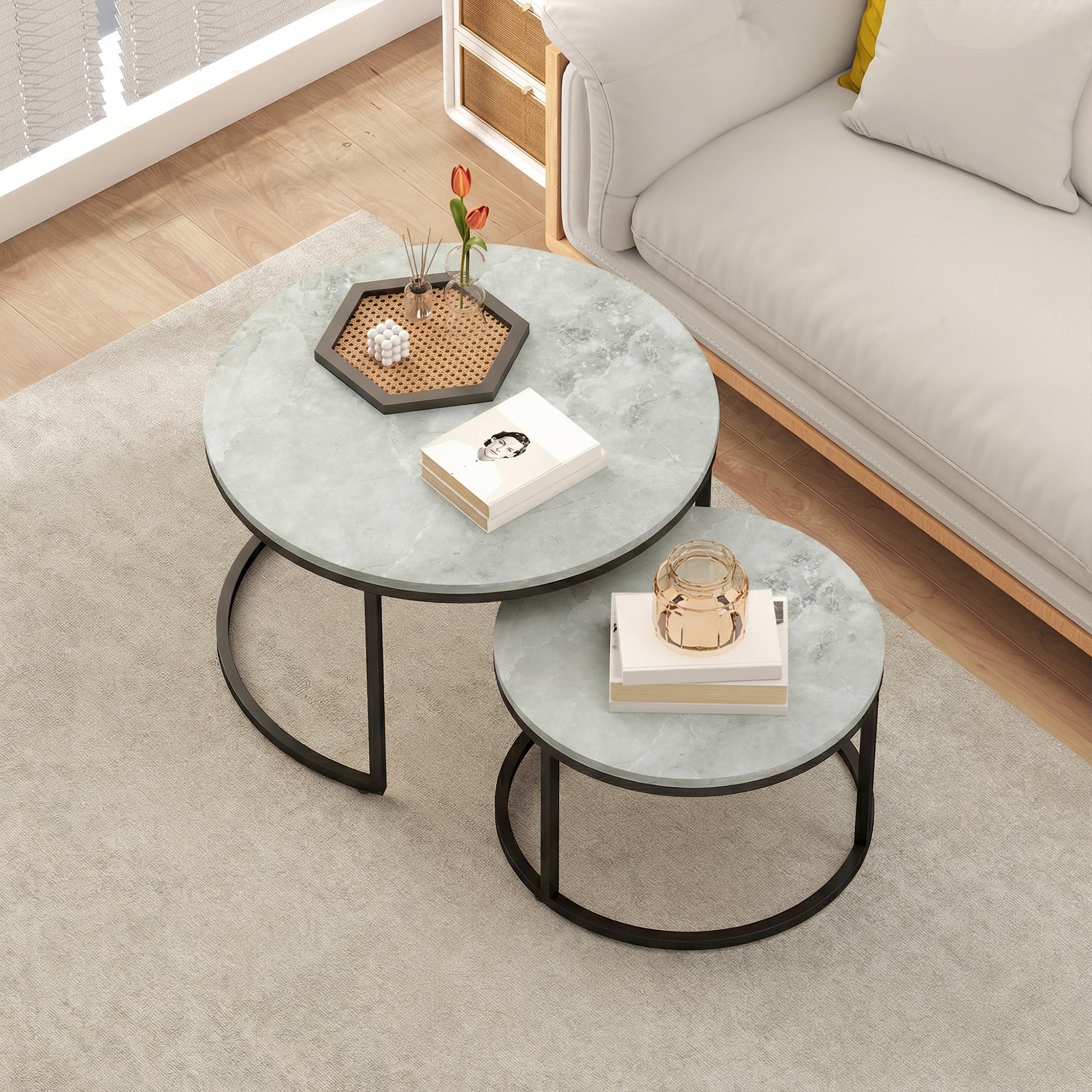 HOMCOM Set of Two Marble-Effect Stacking Tables - Grey 