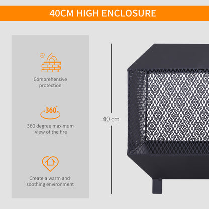 Outsunny Metal Square Fire Pit Outdoor Mesh Firepit Brazier w/ Lid, Log Grate, Poker for Backyard, Camping, Bonfire, Wood Burning Stove, 44 x 44 x 40cm, Black 