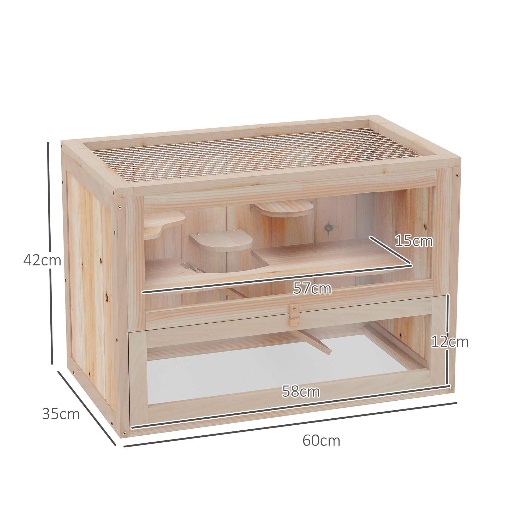 PawHut Wooden Hamster Cage Mouse Mice Rodent Small Animals Hutch Exercise Play House 60 x 35 x 42cm, Natural Wood Finish 