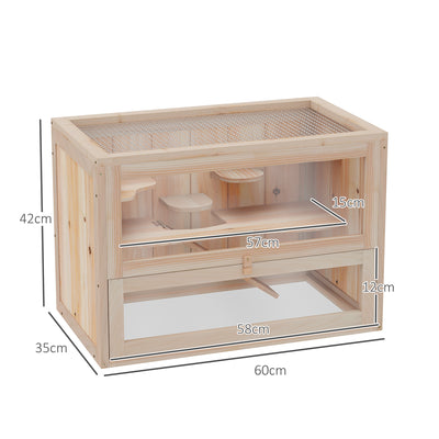 PawHut Wooden Hamster Cage Mouse Mice Rodent Small Animals Hutch Exercise Play House 60 x 35 x 42cm, Natural Wood Finish 