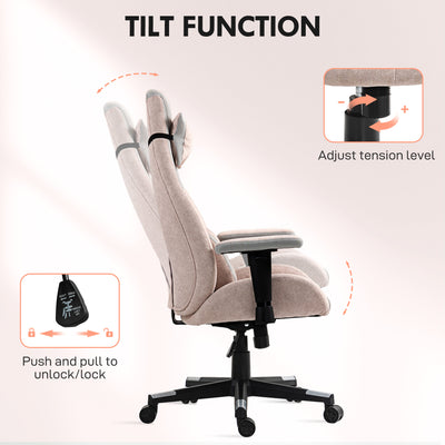 HOMCOM Fabric Gaming Chair with Lumbar Support, Headrest - Pale Pink 
