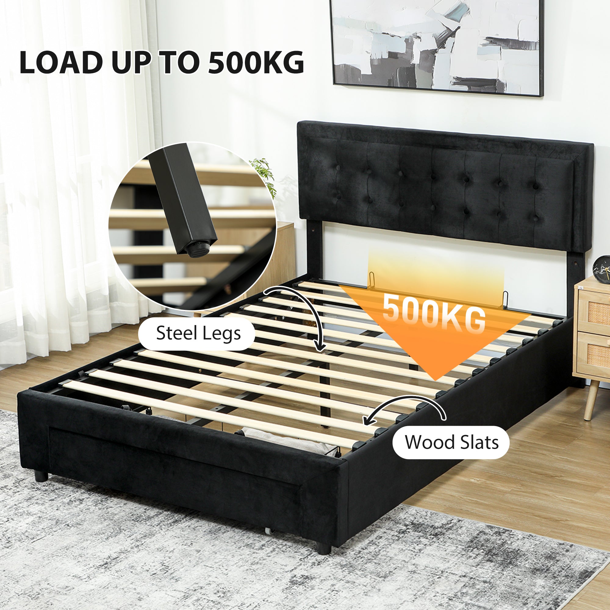 HOMCOM King Size Ottoman Bed Frame, with Front Drawer - Black