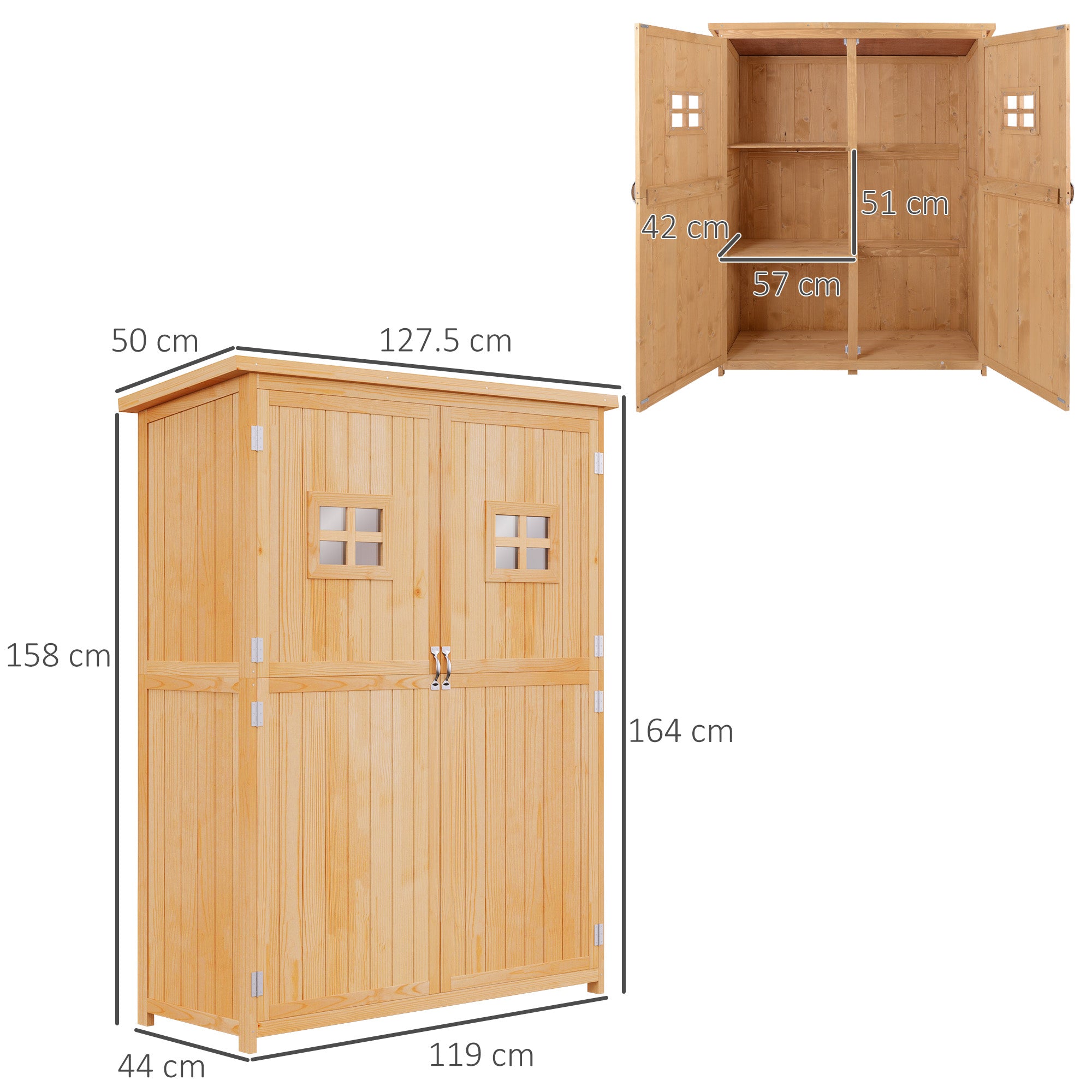 Outsunny Wooden Garden Shed with Two Windows, Tool Storage Cabinet, Outdoor Double Door Organizer 127.5L x 50W x 164H cm, Natural 
