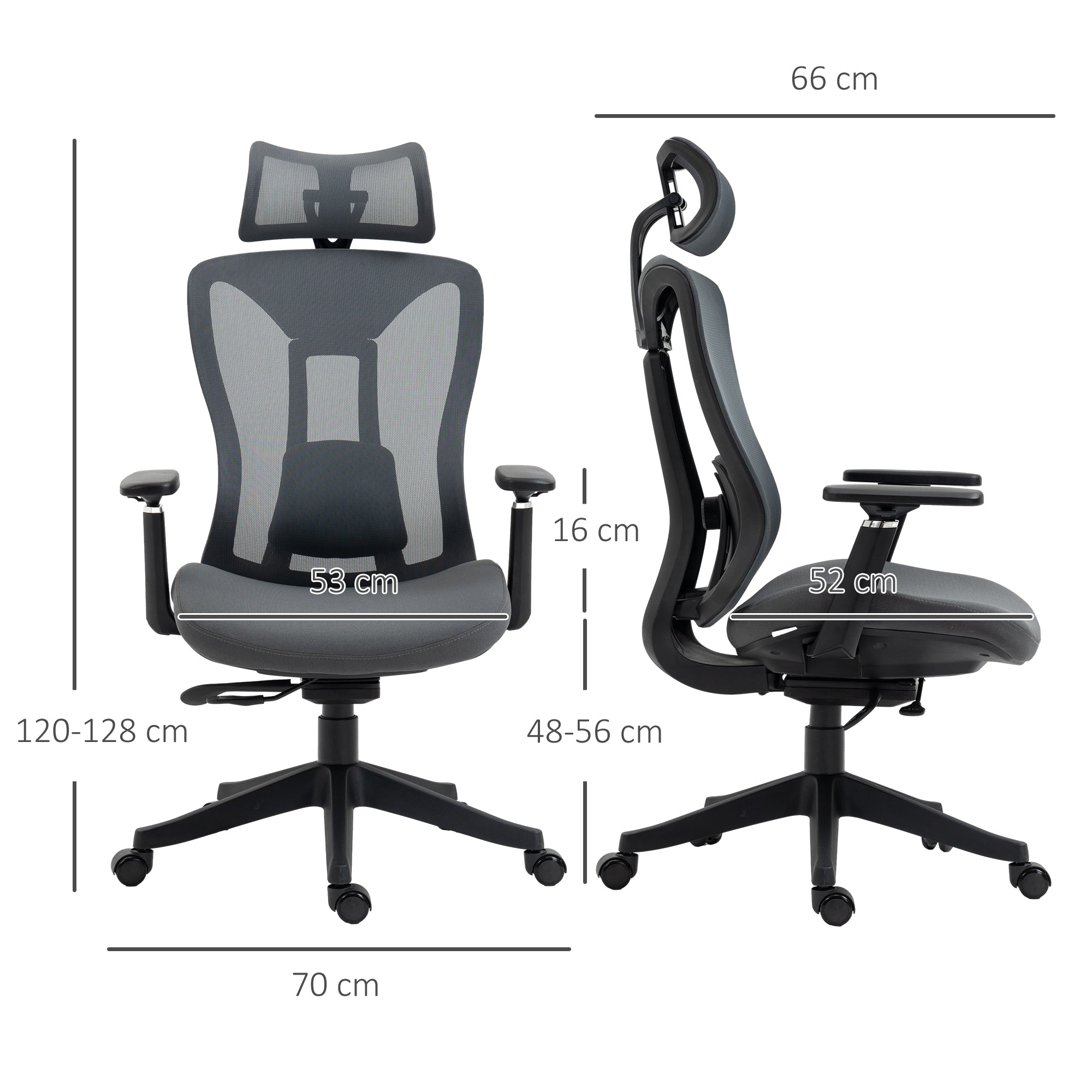 Vinsetto Mesh Office Chair, Ergonomic Desk Chair, Computer Chair with Adjustable Headrest and Lumbar Support, 135\'c2\'b0 Reclining Back and 3D Armrest for Home Office Study, Grey