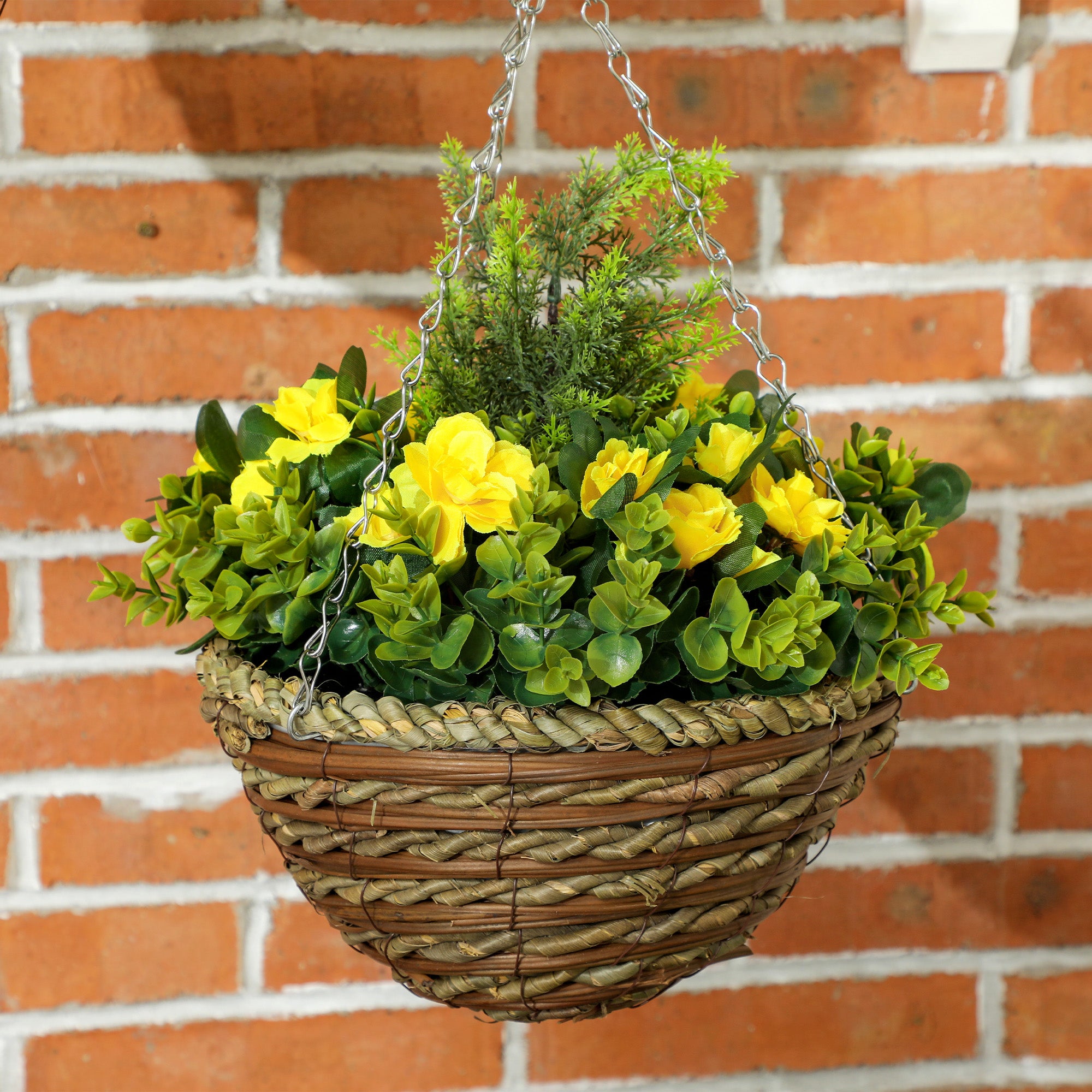 Outsunny Pack of 2 Faux Plant Artificial Lisianthus Flowers Hanging Planter with Basket for Indoor Outdoor Decoration, Yellow 