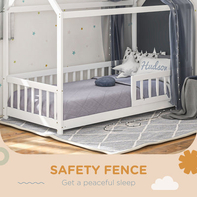HOMCOM House-Shaped Kids Bed Frame with Safety Fence, Solid Pine Wood Single Bed Frame for Kids Boys and Girls 