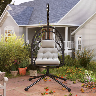 Outsunny Outdoor PE Rattan Swing Chair with Cushion, Garden Foldable Basket Patio Hanging Egg Chair with Metal Stand, Headrest, for Indoor and Outdoor, Black 