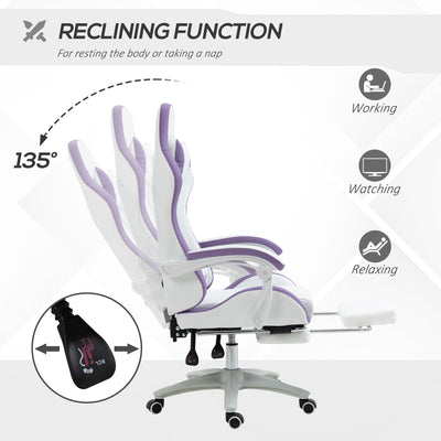 Vinsetto Computer Gaming Chair, PU Leather Desk Chair with Footrest, Swivel Task Chair with 135\'c2\'b0 Reclining Back and Lumbar Support, PC Chair for Adults, White and Purple 