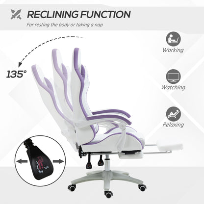 Vinsetto Computer Gaming Chair, PU Leather Desk Chair with Footrest, Swivel Task Chair with 135\'c2\'b0 Reclining Back and Lumbar Support, PC Chair for Adults, White and Purple