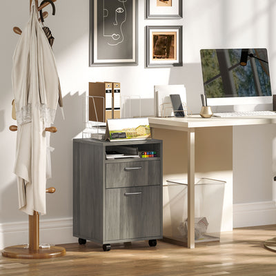 HOMCOM 60cm Filing Cabinet with Drawer, Open Shelf, Metal Handles and 4 Wheels, Office Home Organiser Mobile Printer, Grey 