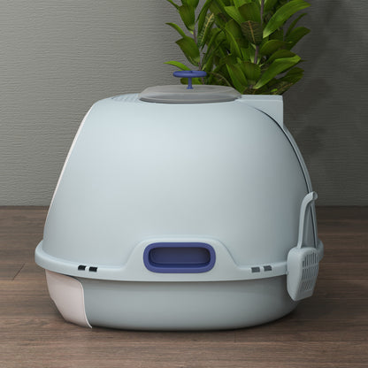 PawHut Cat Litter Box Toilet with Litter Scoop Enclosed Drawer, Front Entry Top Exit, Easy To Clean Blue 