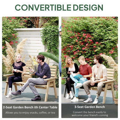 Outsunny Fir Wood Convertible 2 to 3 Seater Outdoor Garden Bench, Natural Wood Finish 