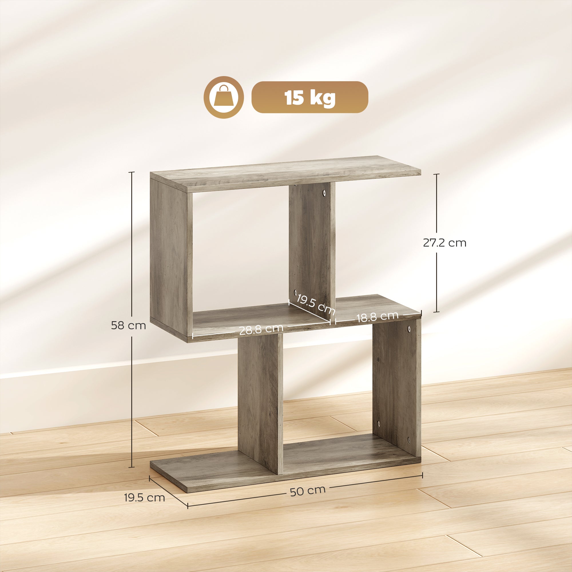 HOMCOM Side Table, Narrow End Table with Storage Shelves, S-Shaped, 3-Tier, 50W x 19.5D x 58H cm, Grey 