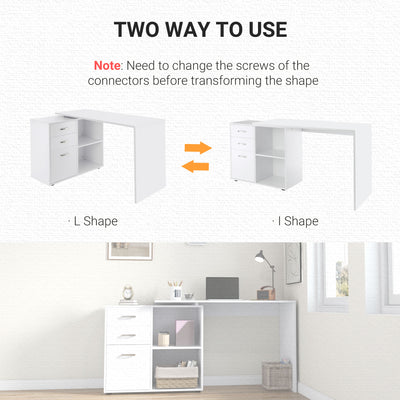 HOMCOM L Shaped Computer Desk, Reversible Home Office Desk with Drawers, File Cabinet and Storage Shelves, Study Table, 117 x 83.5 x 76cm, White 