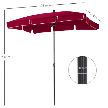 Outsunny Garden Parasol Umbrella, Outdoor Market Table Umbrella with Ruffles & Aluminium Pole, Rectangular Tilting Parasol Sun Shade Canopy, 2 x 1.3m, Red 